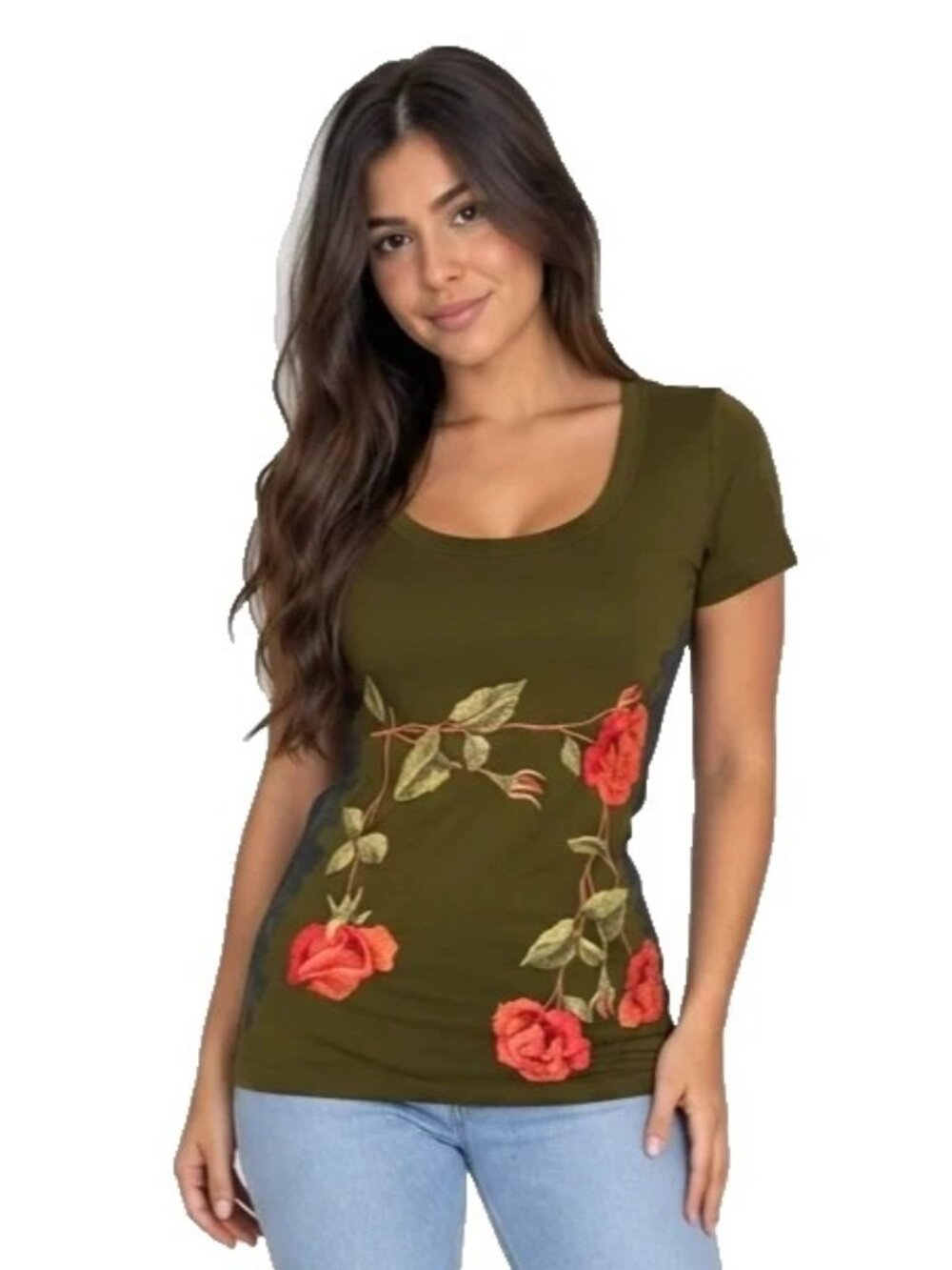 Johnny Was JW Los Angeles Military Green Embroidered Red Roses Top Blouse Tee XS